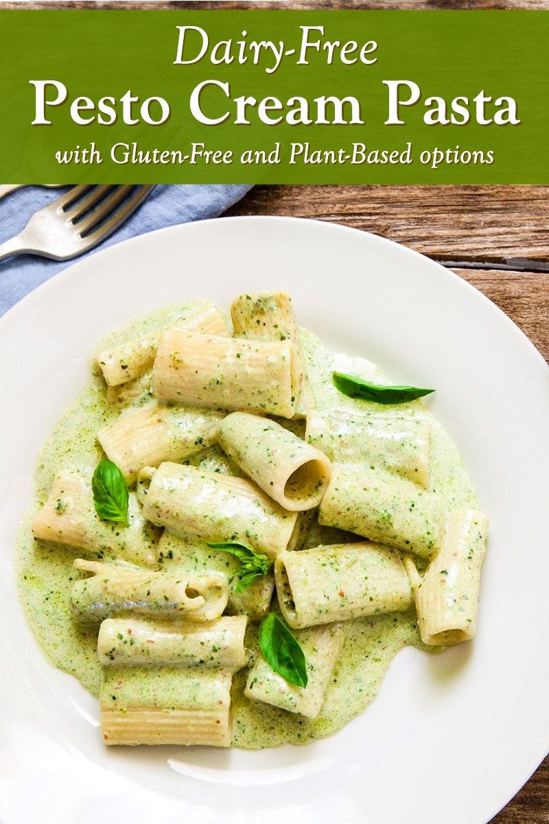 Dairy-free Pesto Cream Pasta Recipe - soy-free and plant-based with gluten-free and vegan options. 30 minute weeknight meal! Full of flavor, but cheese-less.