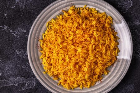 Dairy-Free Saffron Rice Recipe - so aromatic and fragrant! Delicious Indian-style dish, naturally gluten-free, soy-free, nut-free, and optionally vegan.