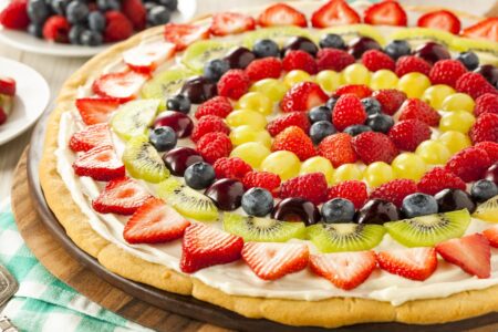 Fruit Tart Pizza Recipe with vegan sugar cookie crust and dairy-free cream cheese frosting