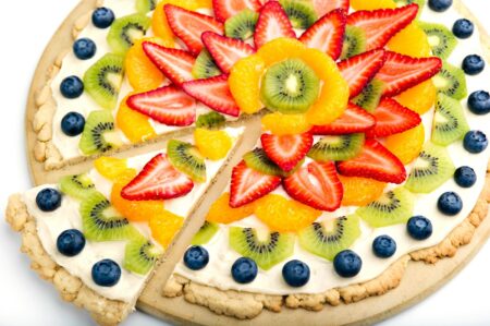 Fruit Tart Pizza Recipe with vegan sugar cookie crust and dairy-free cream cheese frosting