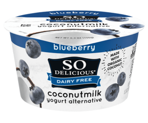 So Delicious Dairy Free Coconut Milk Yogurt Reviews and Information (Dairy-Free, Soy-Free, Gluten-Free, and Vegan). Pictured: Blueberry