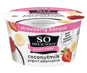 So Delicious Dairy Free Coconut Milk Yogurt Reviews and Information (Dairy-Free, Soy-Free, Gluten-Free, and Vegan). Pictured: Strawberry Banana
