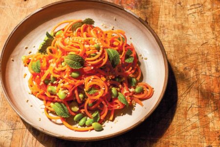 Carrot Noodles Recipe with Sesame, Miso, and Edamame (a "beauty" recipe by Chef Candice Kumai) - plant-based, dairy-free, gluten-free #spiralizer