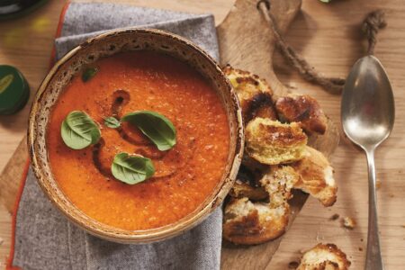 Tomato Soup with Homemade Olive Oil Croutons