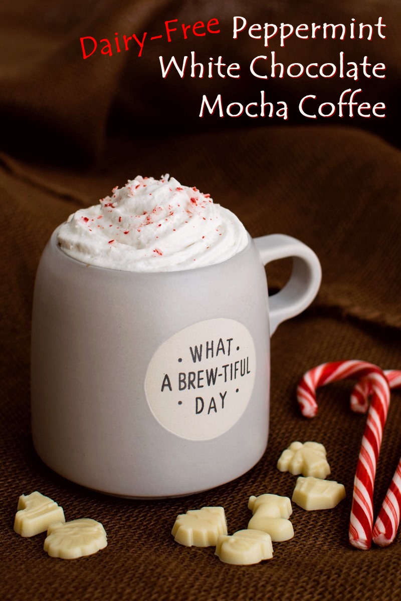 Dairy-Free Peppermint White Chocolate Mocha Coffee Recipe with easy vegan white chocolate syrup - a coffeehouse hack to enjoy for the holidays and winter. Also soy-free, gluten-free, and allergy-friendly.