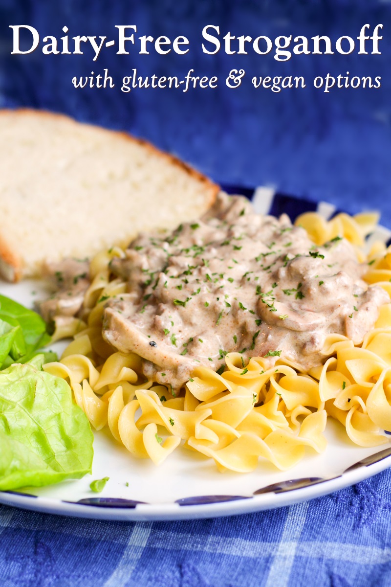 Dairy-Free Beef Stroganoff Recipe for a Quick and Easy Weeknight Meal. Includes gluten-free, soy-free, nut-free, turkey, and vegan options. 