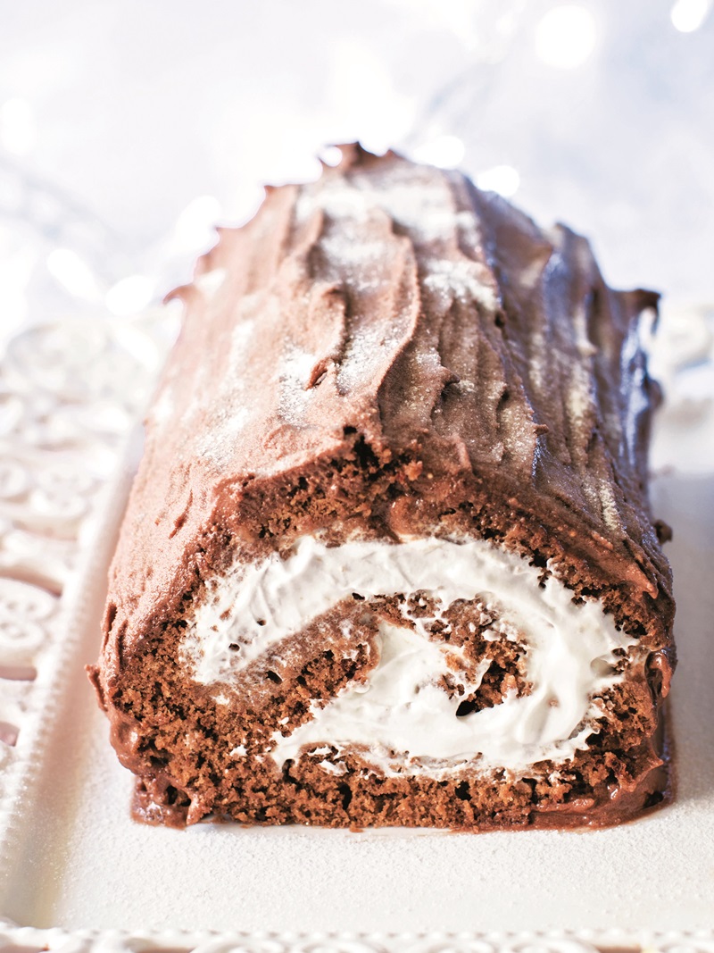 Vegan Yule Log Recipe - also known as Bûche de Noël or Chocolate Roll Cake with Dairy-Free Cream Filling and Chocolate Ganache