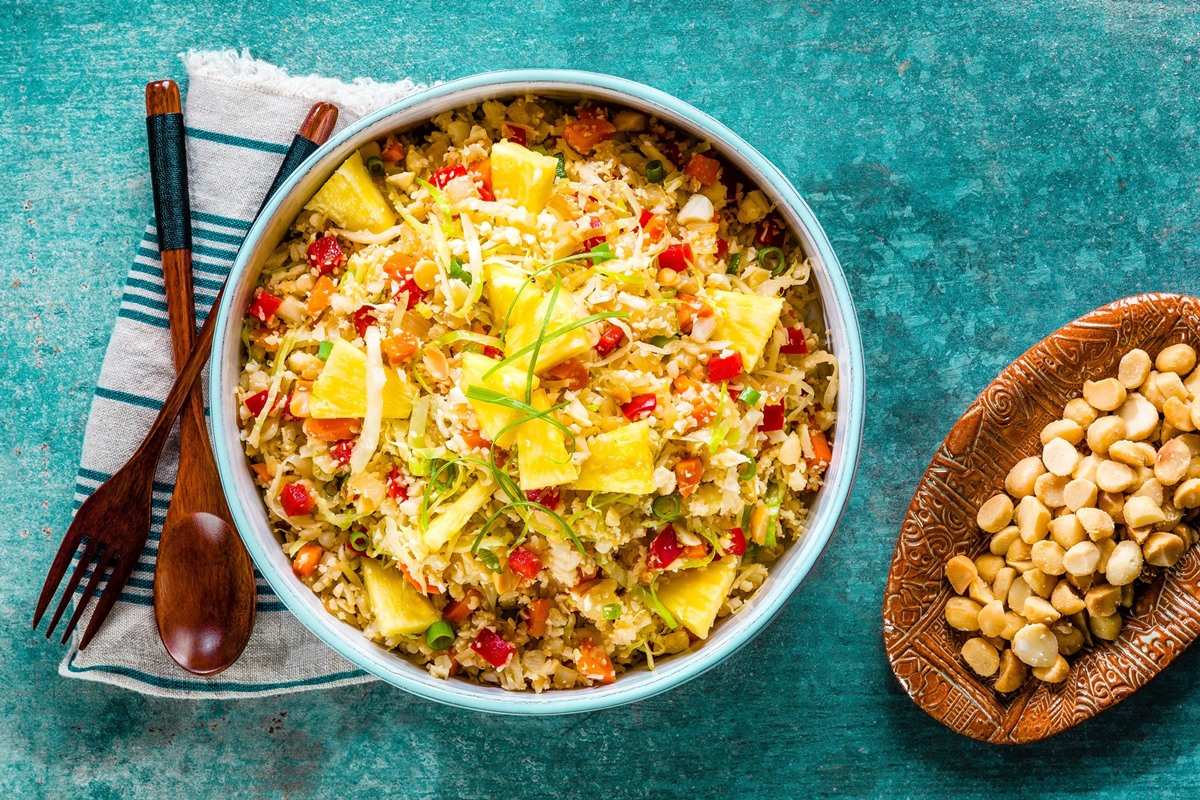 Hawaiian Cauliflower Fried Rice Recipe - plant-based, dairy-free, gluten-free, soy-free, grain-free, paleo, and optionally nut-free. Healthy, rich with produce, and easy!